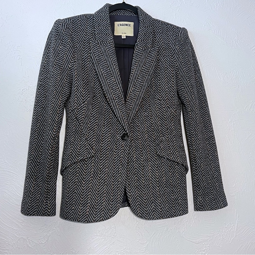 L'Agence Chamberlain Tweed Blazer Gray Gold Weave Button Size 4 Small